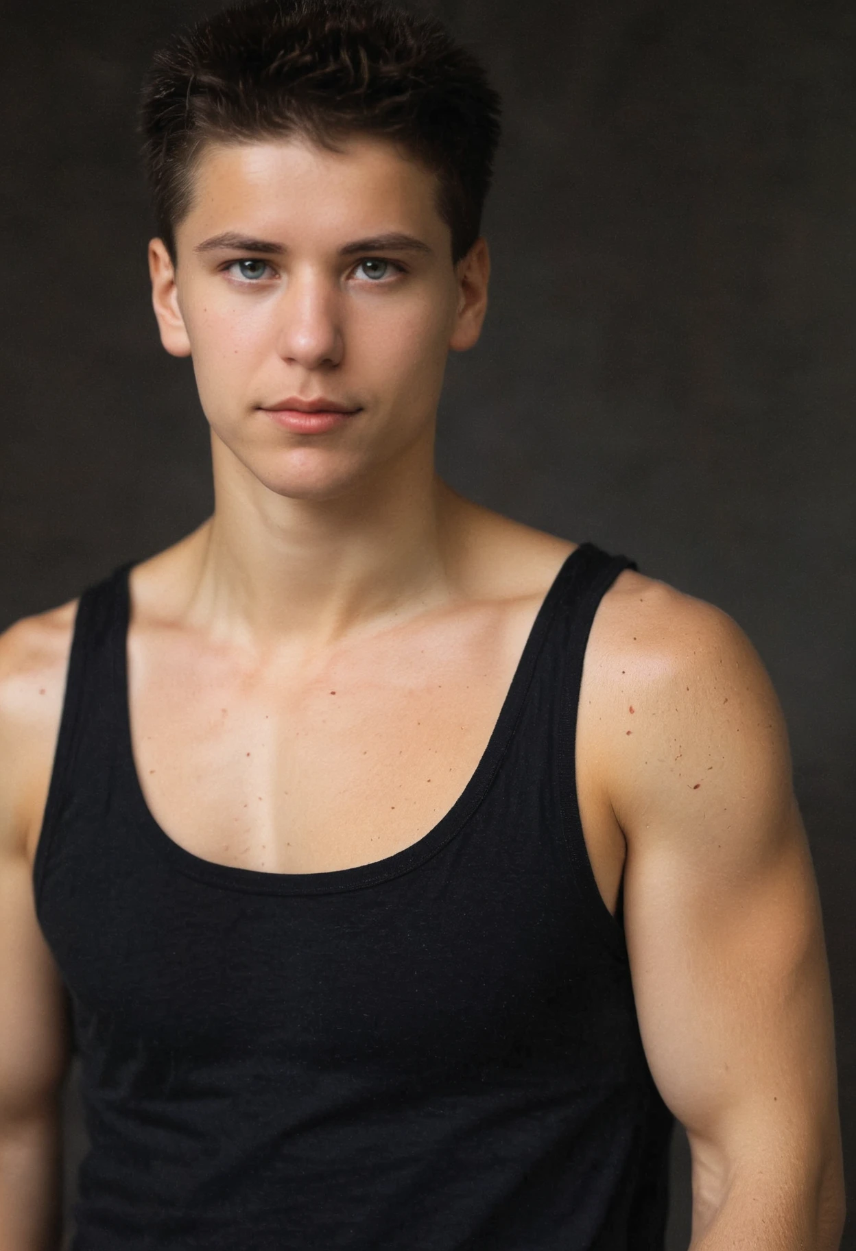 close-up photo of lukas <lora:lukas_y_xl-05:1> , wearing a black tank top, blank white background, (smirk:0.5), editorial
