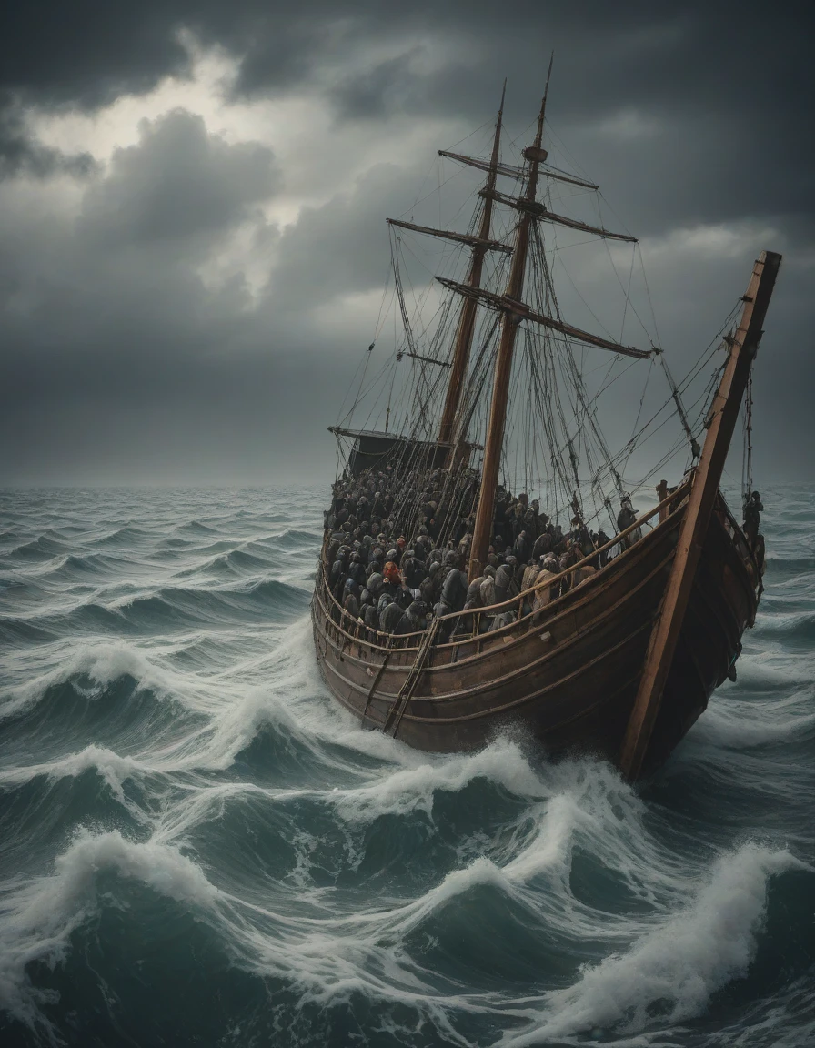 small boat in the foreground, giant massive kraken in the background rising out a stormy ocean,, stormy weather, intricate, detailed, volumetric lighting, sharp focus, scenery, digital painting, highly detailed, concept art, ruan jia, steve mccurry, crumbling monastery, faded manuscripts, silent prayers, remnants of spiritual devotion, <lora:crowd_notrigger:1.0>