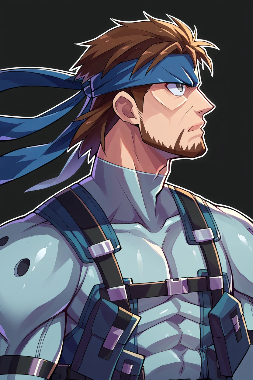 score_9, score_8_up, score_7_up, score_6_up, source_anime, BREAK <lora:solidsnake-pdxl-nvwls-v1:1> 1boy, solo, dark, black background, upper body, solidsnake, headband, brown hair, facial hair, beard, blue bodysuit, gloves, harness, belt pouch, profile, looking up, serious, open mouth