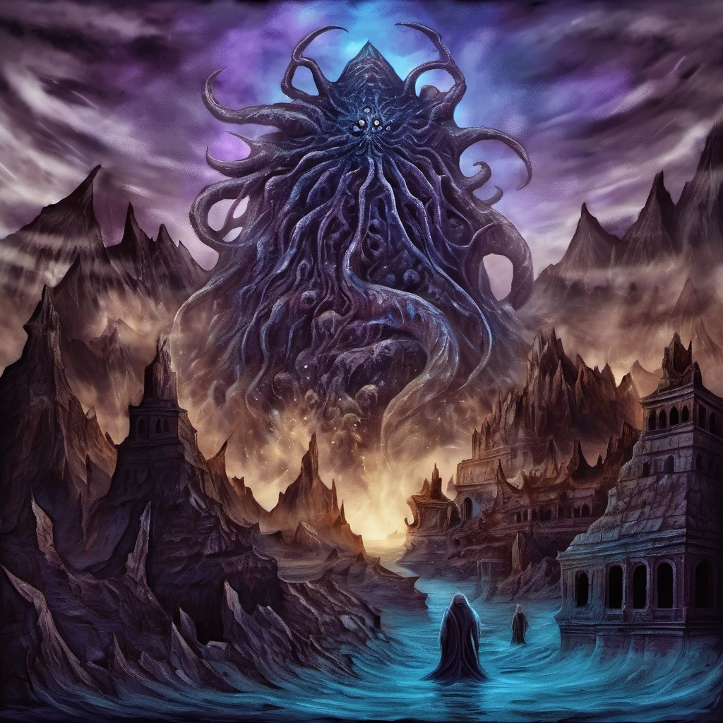 A hauntingly beautiful terrorart illustration of a Lovecraftian kraken, with massive tentacles wrapped around a sunken ship. The kraken is a blend of purples and blues, with a glowing bioluminescent effect. The ship is submerged in dark, murky water, and the sky above is filled with ominous clouds. A faint moonlight illuminates the scene, casting eerie shadows on the water's surface.

