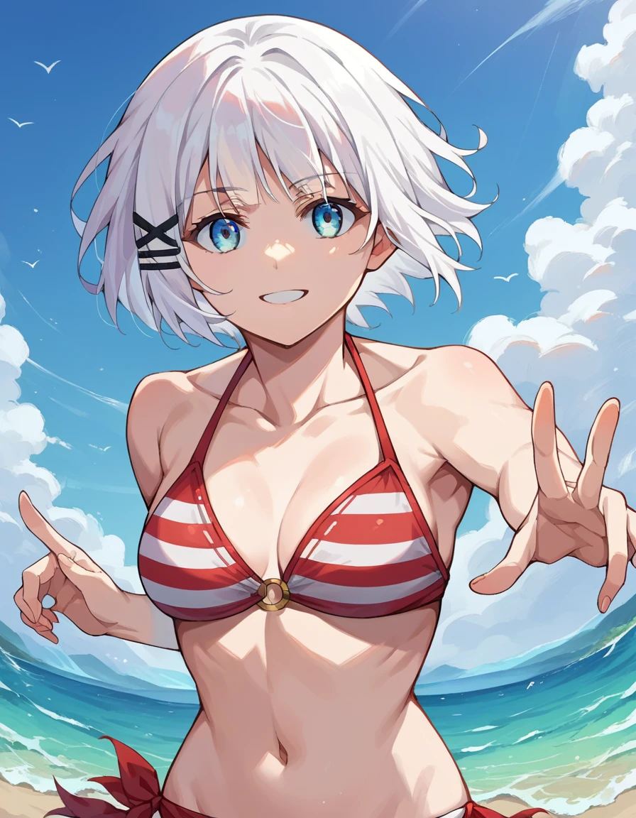 bit girl,Bikini swimsuit,adolable,Be red in the face,sandbeach,White bra,beach umbrella,Blue-white hair,pointy teeth