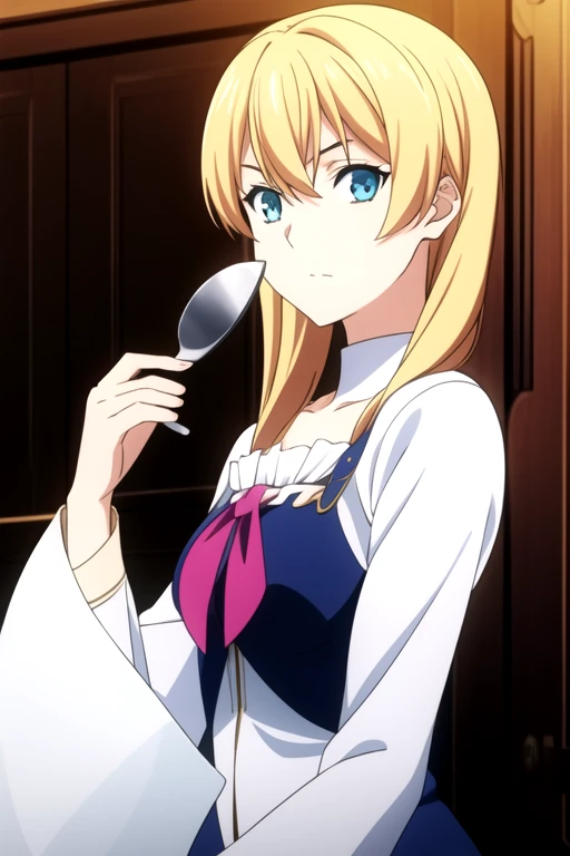 masterpiece, best quality, game cg, 1girl, aquamarine eyes, dark blonde hair,, solo, looking at viewer, upper body, , , , A fairytale land where magical creatures live and thrive, , <lora:shokugeki_no_souma_style:0.82>, shokugeki_no_souma_style