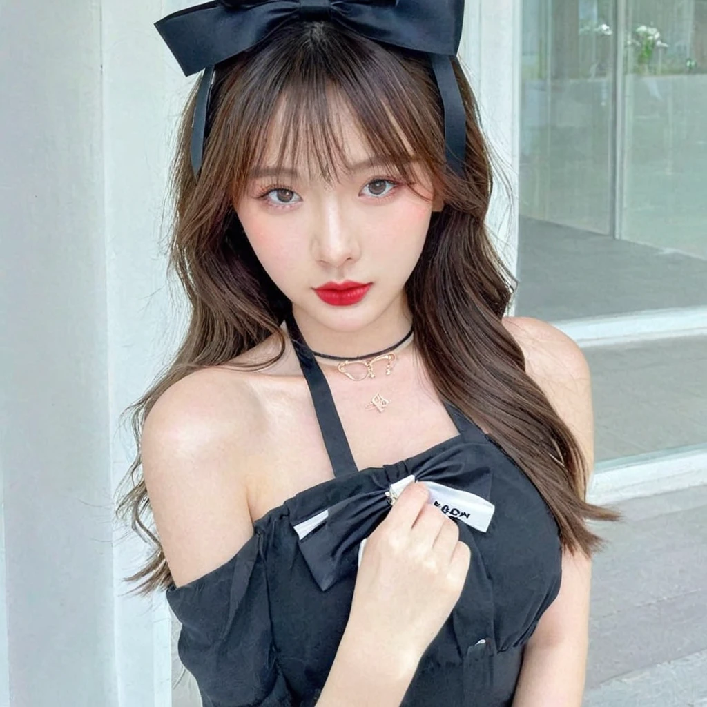 beautiful gangster girl with dazzling eyes with bow, stylish hair with bangs, in the style of weibo post, (looking at viewer) <lora:cute girl:1> <lora:LCMTurboMix_DPM_SDE_Karras:1>