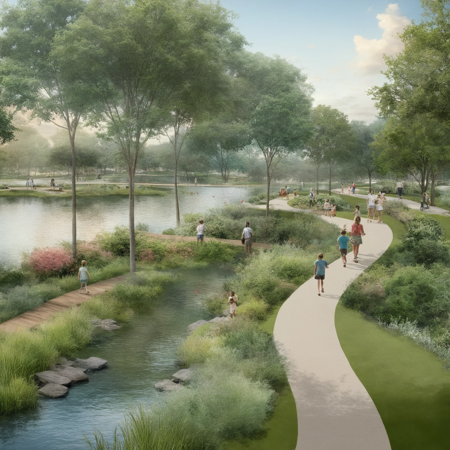 <lora:JJsLandscape_Render_XL:1>, ((Landscape Render)), masterpiece, best quality, scenery, outdoors, tree, real world location, grass, bush, walkway ,water, subject, high quality, soft lighting, road, grass, sky, cloud, water color, multiple girls, multiple boys,