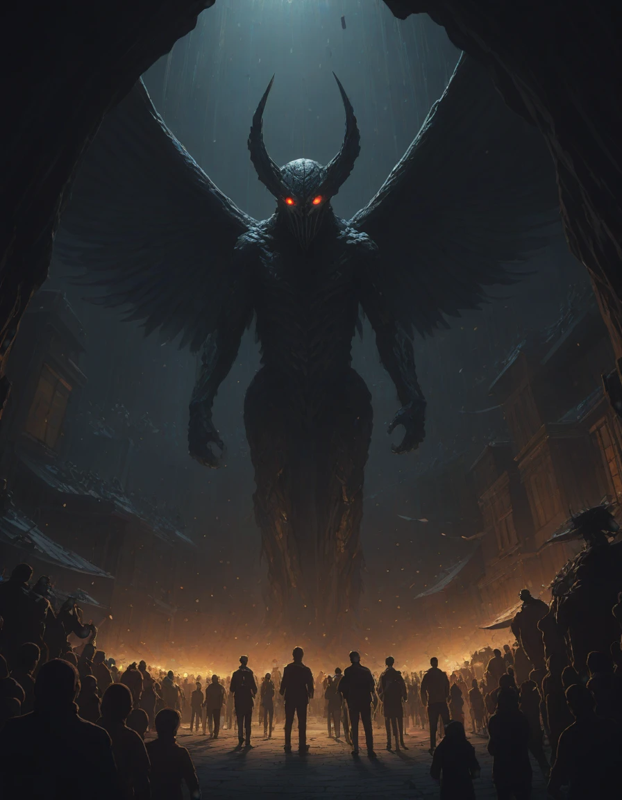 a mothman in the style of john park, digital art painting, winning award image, matte painting, superb, trending in artstation, cavern, mysterious darkness, impressive stalactites, <lora:crowd_notrigger:1.0>