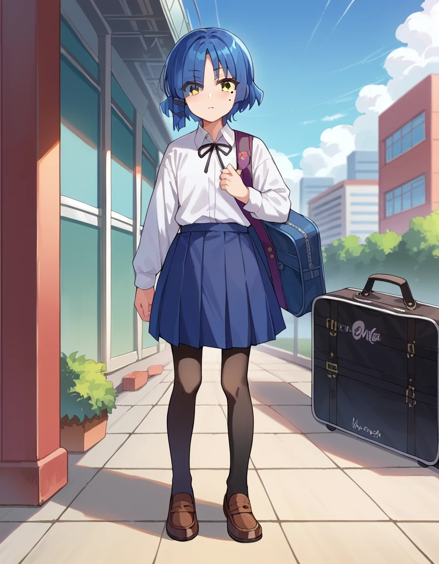 score_9, score_8_up, score_7_up, source_anime, 
ryouyamada, <lora:ryou-yamada-ponyxl-lora-nochekaiser:1>, 
ryou yamada, blue hair, eyes visible through hair, mole, mole under eye, short hair, yellow eyes, hairclips,
black pantyhose, black ribbon, blue skirt, brown footwear, loafers, long sleeves, pantyhose, ribbon, school uniform, shimokitazawa high school uniform, shirt, shoes, skirt, white shirt,
outdoors, cityscape, guitar, bass, guitar case,
looking at viewer, cowboy shot,