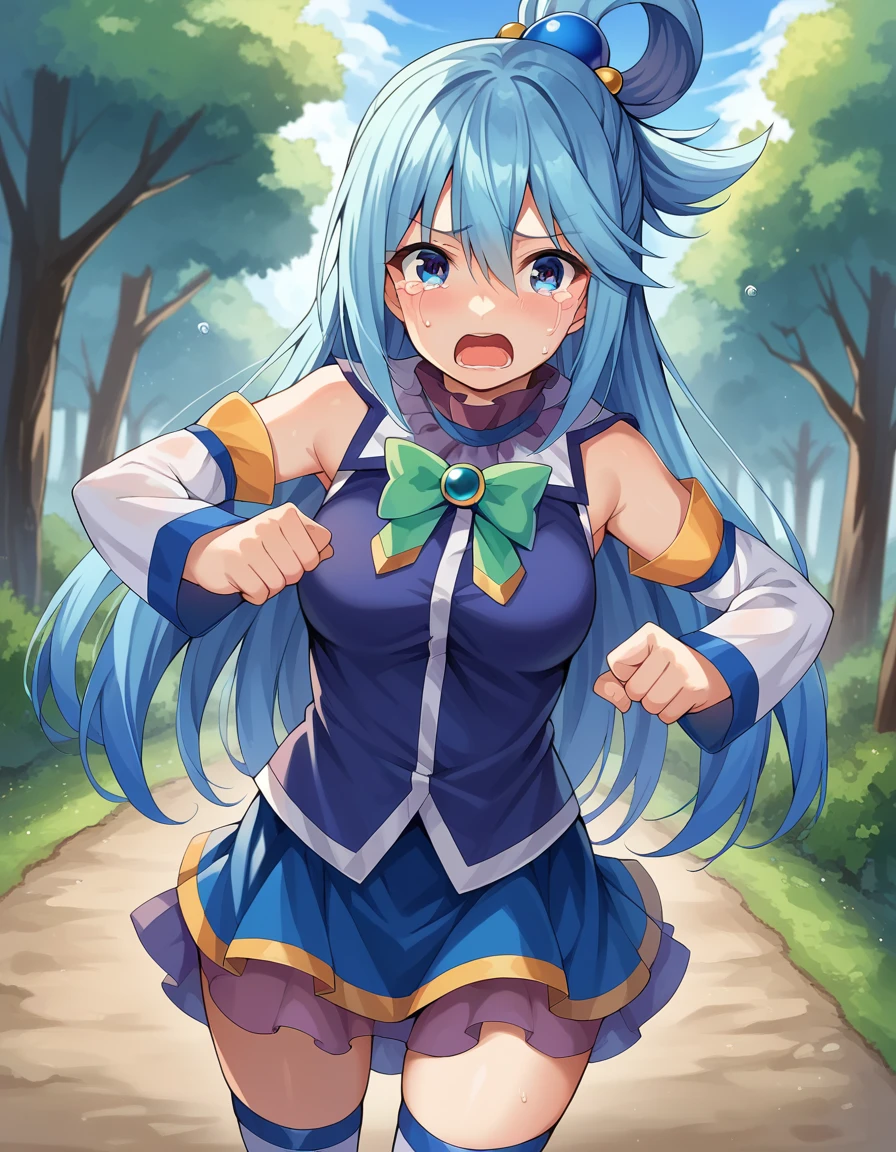 score_9, score_8_up, score_7_up, source_anime,
konosubaaqua, <lora:konosuba-aqua-ponyxl-lora-nochekaiser:1>,
aqua, long hair, blue eyes, hair ornament, very long hair, blue hair, hair rings, single hair ring, hair bobbles,
skirt, shirt, thighhighs, bare shoulders, detached sleeves, white thighhighs, blue skirt, blue shirt, green bow,
outdoors, forest, monsters, goblins, crying, open mouth, running,
looking at viewer, cowboy shot, dutch angle,