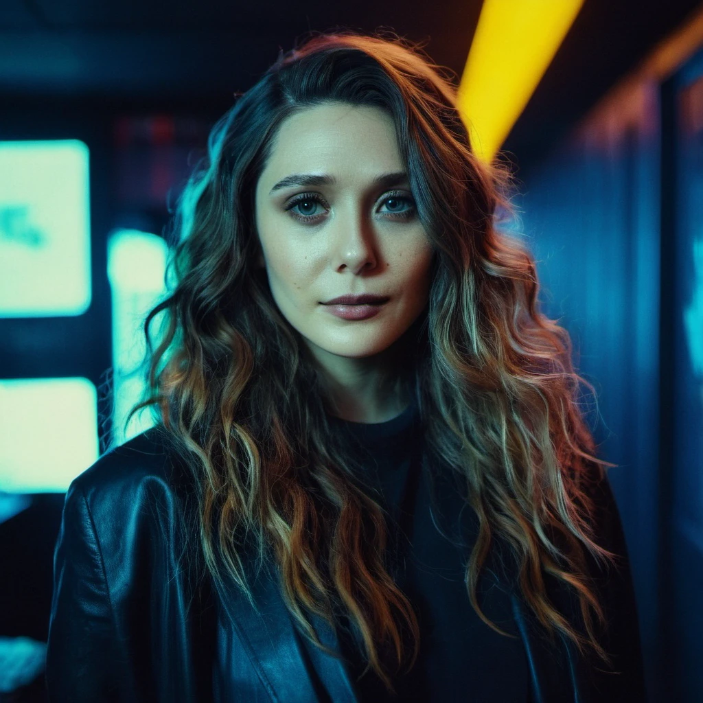 Photo of a woman with long wavy hair,portrait,kodachrome, neon,cyberpunk, <lora:eliolsen_v4_xl_4_standard_wo_cap_merger_31_45_86_03_03_04:1>