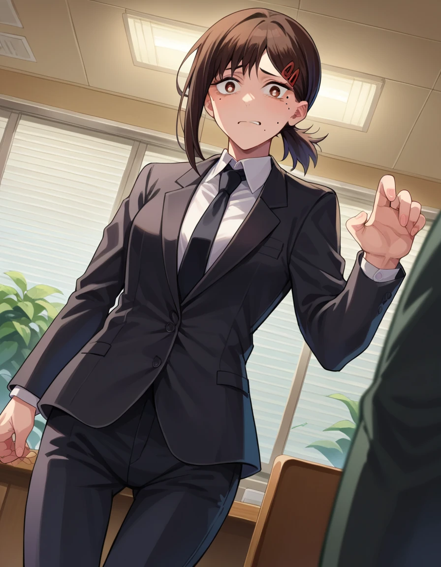 score_9, score_8_up, score_7_up, source_anime,
kobeni-higashiyama, <lora:kobeni-higashiyama-ponyxl-lora-nochekaiser:1>,
kobeni higashiyama, black hair, hair ornament, hairclip, mole, mole under eye, ponytail, short hair, brown eyes,
black necktie, black pants, business suit, formal, long sleeves, necktie, pants, suit,
indoors, office,
looking at viewer, cowboy shot, dutch angle, dynamic pose,