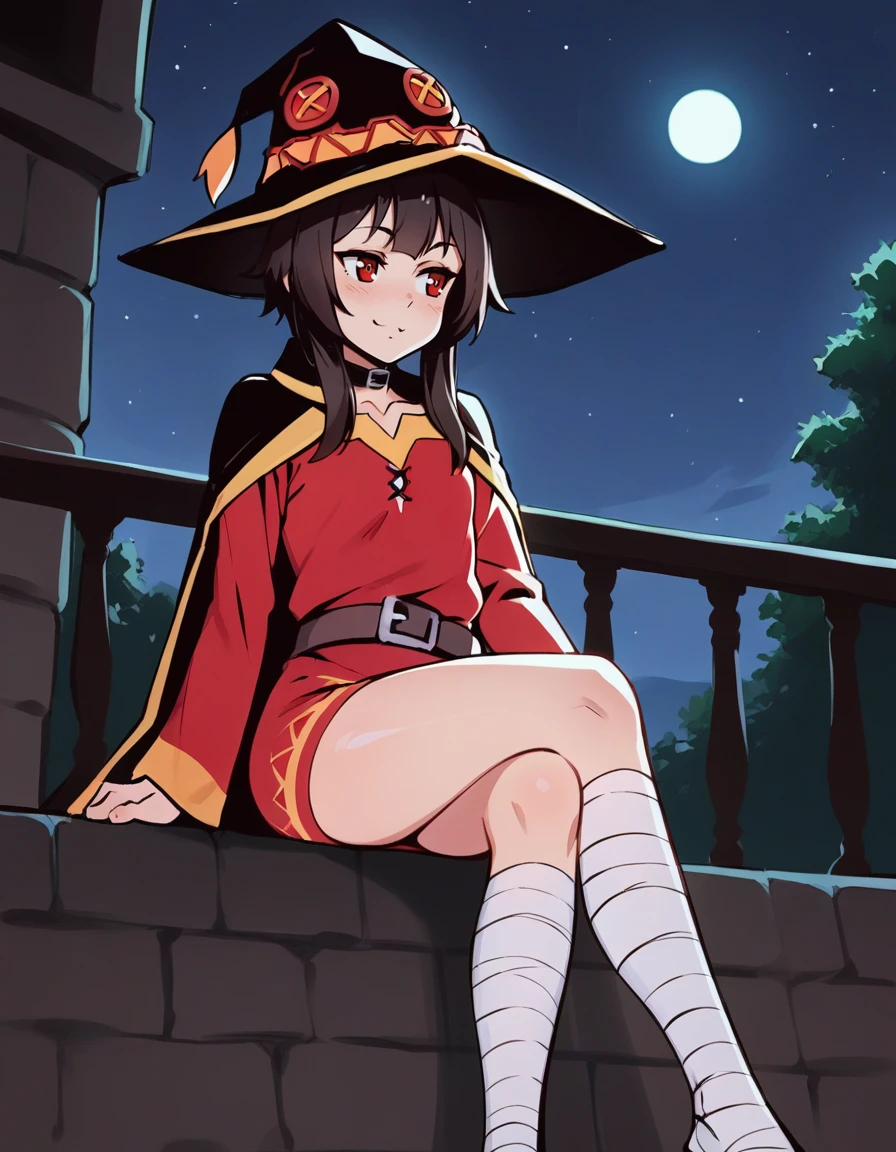 score_9, score_8_up, score_7_up, score_6_up, score_5_up, score_4_up, source_anime, BREAK <lora:Ilya_Kuvshinov_Artist_STL3_ponyXL:1>
solo, cute smile, red_eyes, megumin, small_breasts, half-closed_eyes,witch_hat,bandaged_leg,night_sky, moonlight, leaning on the balcony ,