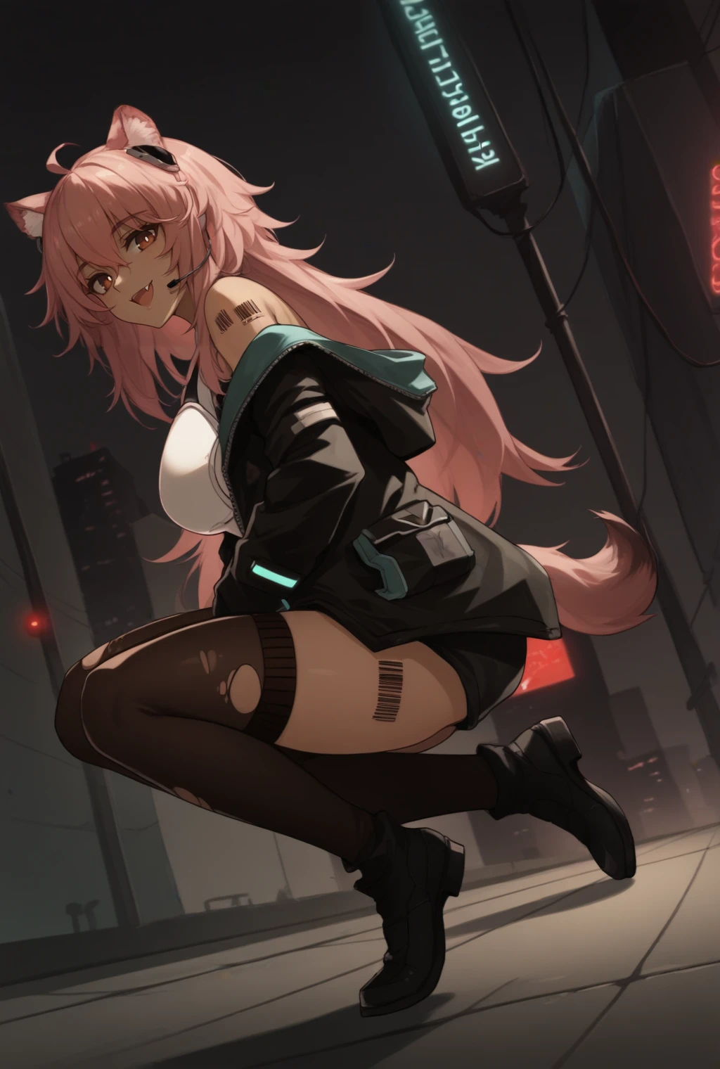 score_9, score_8_up, score_7_up, source_anime, looking at viewer, cowboy shot, 
<lora:GravelDwnstyPdxl-08:1>, Gravel_Def, brown eyes, pink hair, long hair, ahoge, animal ears, animal ear fluff, tail, headset, jacket, black jacket, open jacket, off shoulder, breastplate, white leotard, long sleeves, black thighhighs, torn thighhighs, barcode tattoo, shoulder tattoo, 
smile, large breasts, from side, hand in pocket, walking, open mouth, fang, dutch angle, from below, squatting,
outdoors, cyberpunk, city, neon lights,