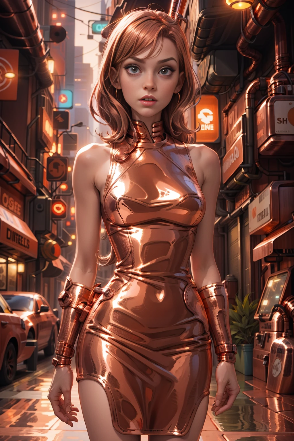 (GeGe:1.8), brunette, brown eyes, woman, (freckles:1.5), full body portrait photo of a 25 years old european girl walking in the street, RAW, beautiful woman, cute woman, slim body, half-open strawberry lips, longing gaze, freckless, armpit crease, tight gap, nice abs, toned muscles, nice legs, long-thighed woman, nice legs, perfect large  breast, (extra long wavy brown hair), ((detailed face)), (detailed facial features)), (finely detailed skin), tanned skin, (very short futuristic cyberpunk sexy deep cleavage two piece short female dress, crimson red dress, short dress), no panties, pubic hair, no bra, large breasts cyberpunk megacity environment, (cold colors), damp, moist, reflections, (masterpiece) (perfect proportion), (realistic photo), (best quality), (detailed) photographed on a Canon EOS R5, 50mm lens, F/2.8, HDR, (8k), (wallpaper), (cinematic lighting), (dramatic lighting), (sharp focus), (intricate)