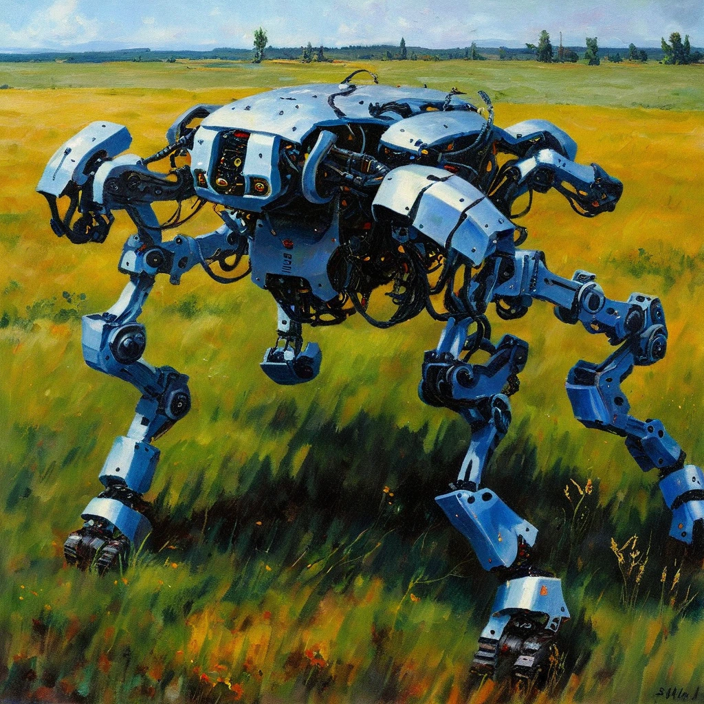 a quadruped robot,phyrexian, <lora:PhyrexianStyleXL:0.8>,in field,oil painting
