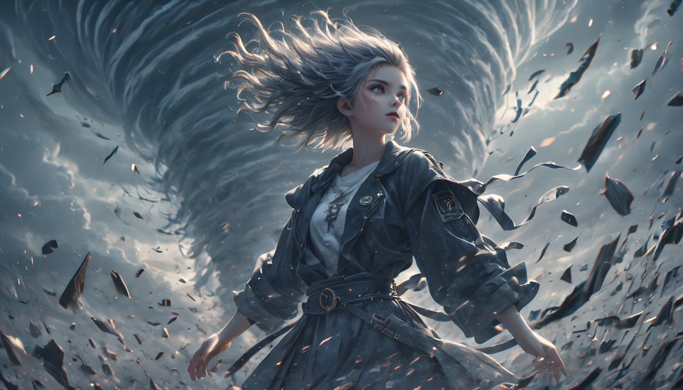(((masterpiece))) , (((best quality))) , anime style, 2d, well-built charming 1girl, solo, lovely 1girl, -NadoRay, many girls flying in a tornado, she has Shaved sides hair, key visual, 