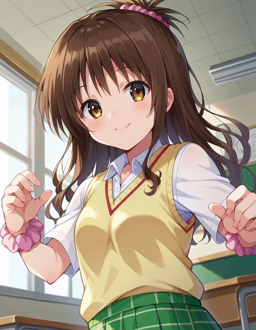 score_9, score_8_up, score_7_up, source_anime,
mikanyuuki, <lora:mikan-yuuki-ponyxl-lora-nochekaiser:1>,
mikan yuuki, brown eyes, brown hair, hair ornament, hair scrunchie, long hair, pink scrunchie, scrunchie, smile,
green skirt, plaid, plaid skirt, sainan high school uniform, school uniform, skirt, shirt, white shirt, sweater vest, yellow sweater vest,
indoors, classroom,
looking at viewer, cowboy shot, dutch angle, dynamic pose,
