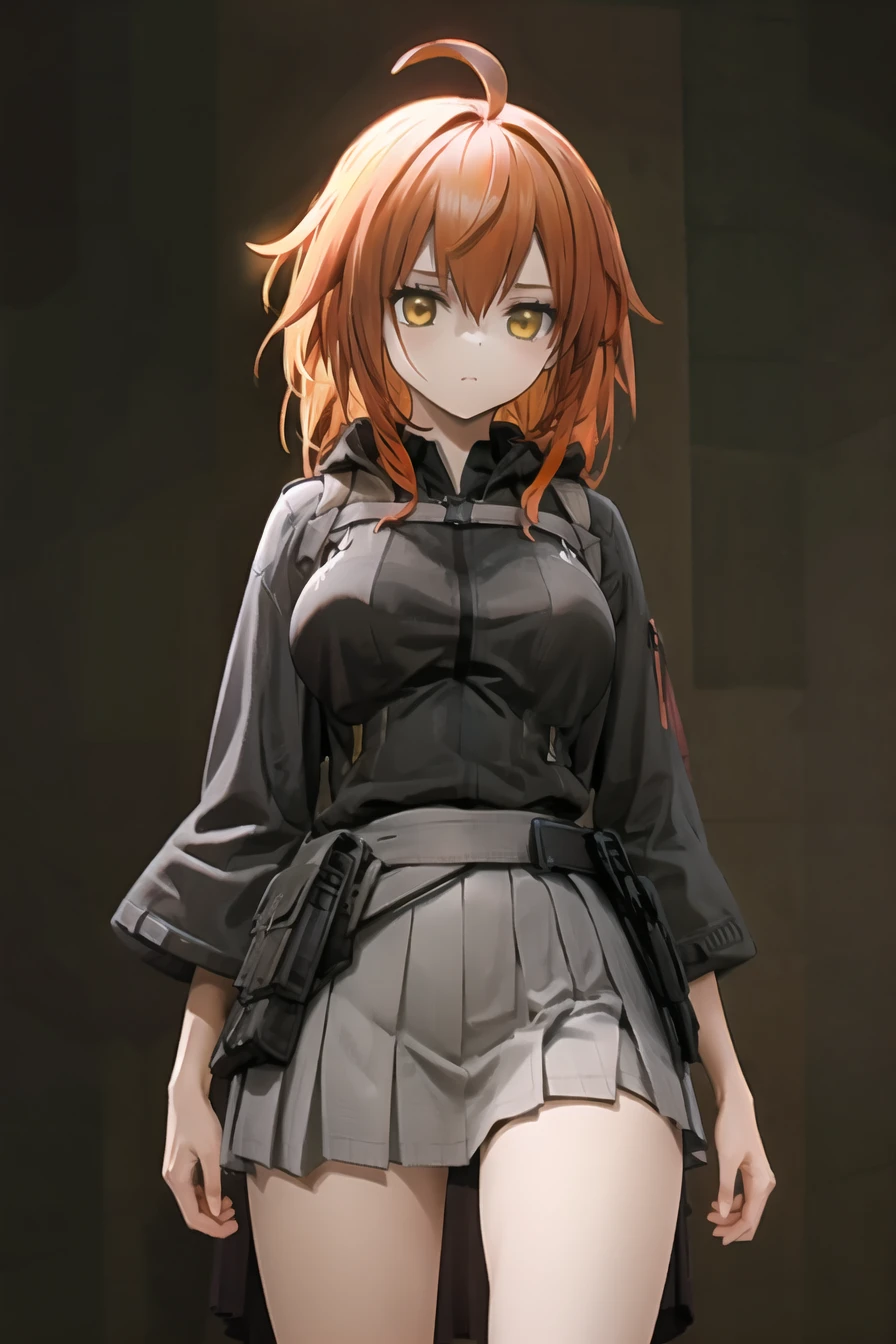 (masterpiece),best quality,<lora:gudakoFemaleFujimaru_v10:0.75>,1girl,orange hair,ahoge,grey skirt,yellow eyes,
