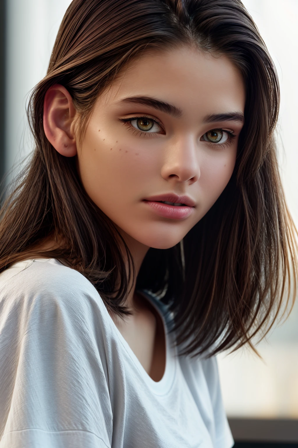 wallpaper looking at viewer, close up portrait of charming (AIDA_LoRA_LG2022:1.09) <lora:AIDA_LoRA_LG2022:0.89> in (simple gray t-shirt:1.1), [stunning girl], pretty face, flirting, cinematic, kkw-ph1, (colorful:1.1), (studio photo:1.1), (simple white background:1.1)