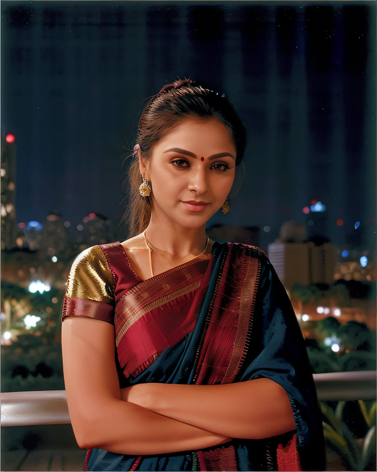 a photo of a 30-year-old woman, smrn, professional portrait photo,high neck Saree, high ponytail, solo, night time, city bokeh lights <lora:smrn_Simran_Bagga_SD15_LoRA_prodigy_local_regs:1>