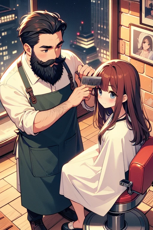 (((masterpiece))), (((best quality))), (((from above))), (((half body))), (((closeup))), ((retro barbershop)), ((two people)), ((a standing man with a beard in apron holds a mini comb to combing)), ((a girl in white cloth sits on swivel stool)), window, mirror, portrait poster, faded red brick wall, auburn hair, longhair, shy, blush, smile, big tits, petite figure, ((night)), (((twilight))),<lora:girllikeretrobarbershop:0.9>