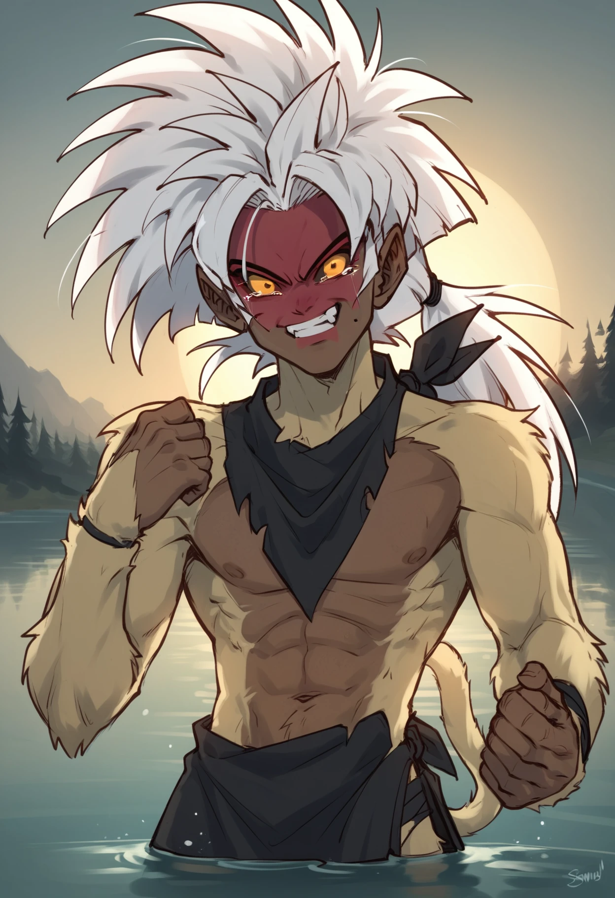 (score_9, score_8_up), score_7_up, score_6_up, score_5_up, score_4_up, Sento Saiyan, body fur, blonde fur, dark skin, dark-skinned, white hair, yellow eyes, black sclera, blonde monkey tail, red facepaint, 1boy, long hair, white hair, (skinny), flexing, teenage, tears, smile, fangs, clenched teeth, topless, black loincloth, river, lake, water, sunset, upper body, (black bandana), <lora:Smooth Anime Style LoRA XL:0.7> <lora:Sento_Saiyans_XL:0.9>