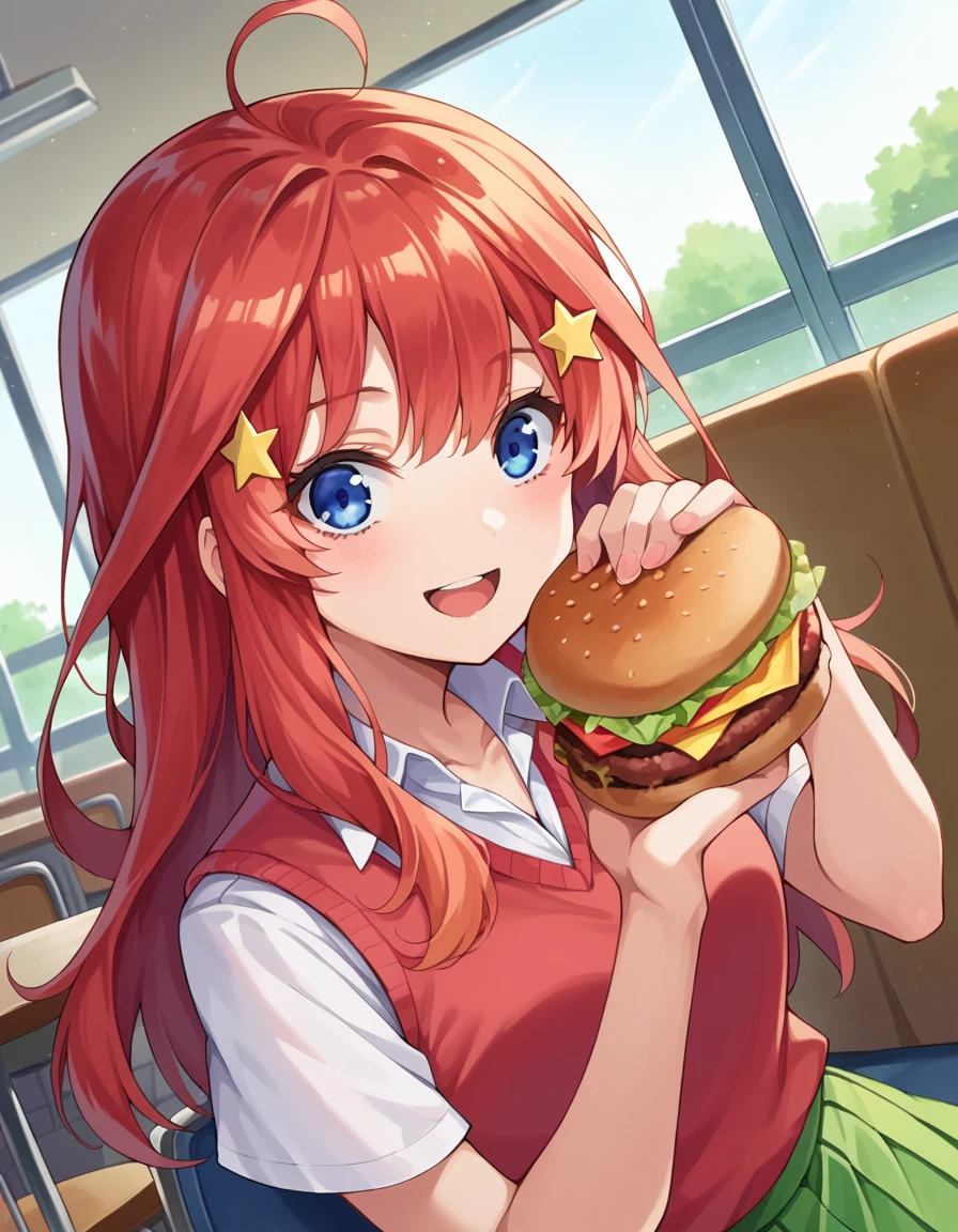 score_9, score_8_up, score_7_up, source_anime,
itsukinakano, <lora:itsuki-nakano-pruned-ponyxl-lora-nochekaiser:1>,
itsuki nakano, bangs, blue eyes, hair between eyes, ahoge, red hair, star \(symbol\), hair ornament, star hair ornament, smile, open mouth,
skirt, shirt, school uniform, collarbone, white shirt, short sleeves, pleated skirt, socks, collared shirt, miniskirt, kneehighs, white socks, green skirt, sweater vest, red sweater vest,
indoors, restaurant, eating, burger,
looking at viewer, cowboy shot, dutch angle,