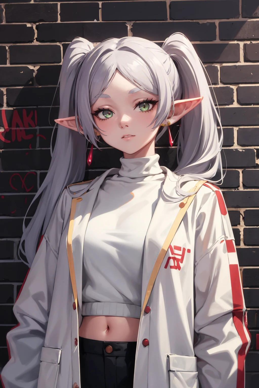 masterpiece, best quality, absurdres, 1girl, solo, Frieren, long hair, twintails, earrings, sharp eyes, choker, neon shirt, open jacket, turtleneck sweater, night, against wall, brick wall, graffiti, dim lighting, alley, looking at viewer, <lora:FrierenV2:1.0>