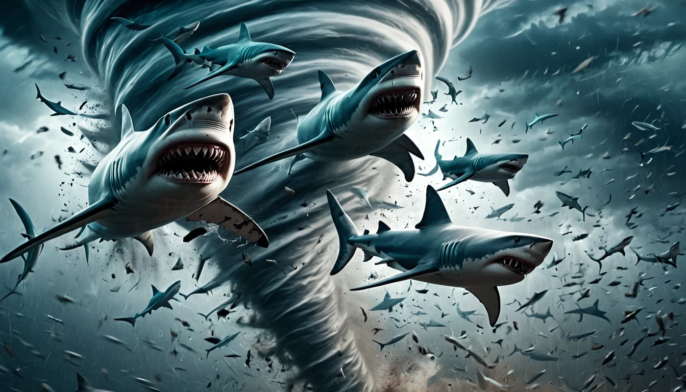 -NadoRay, cinematic, key art, sharks flying high in a tornado