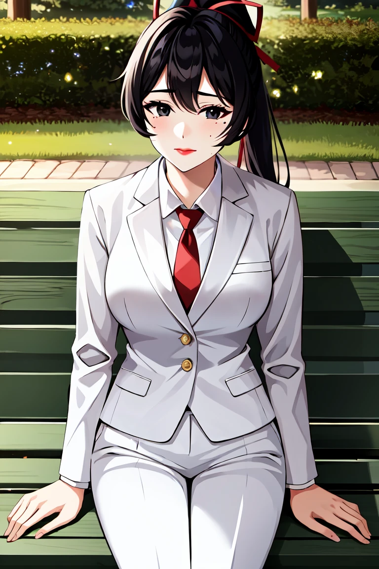 mitsuki soma, 1girl, solo, mole under eye, black eyes, red lips, ponytail, black hair, long hair, white shirt, white pants, white jacket, white suit, red necktie, hair ribbon, upper body, outside, sitting, bench, park, <lora:Mitsuki Soma6:0.75>