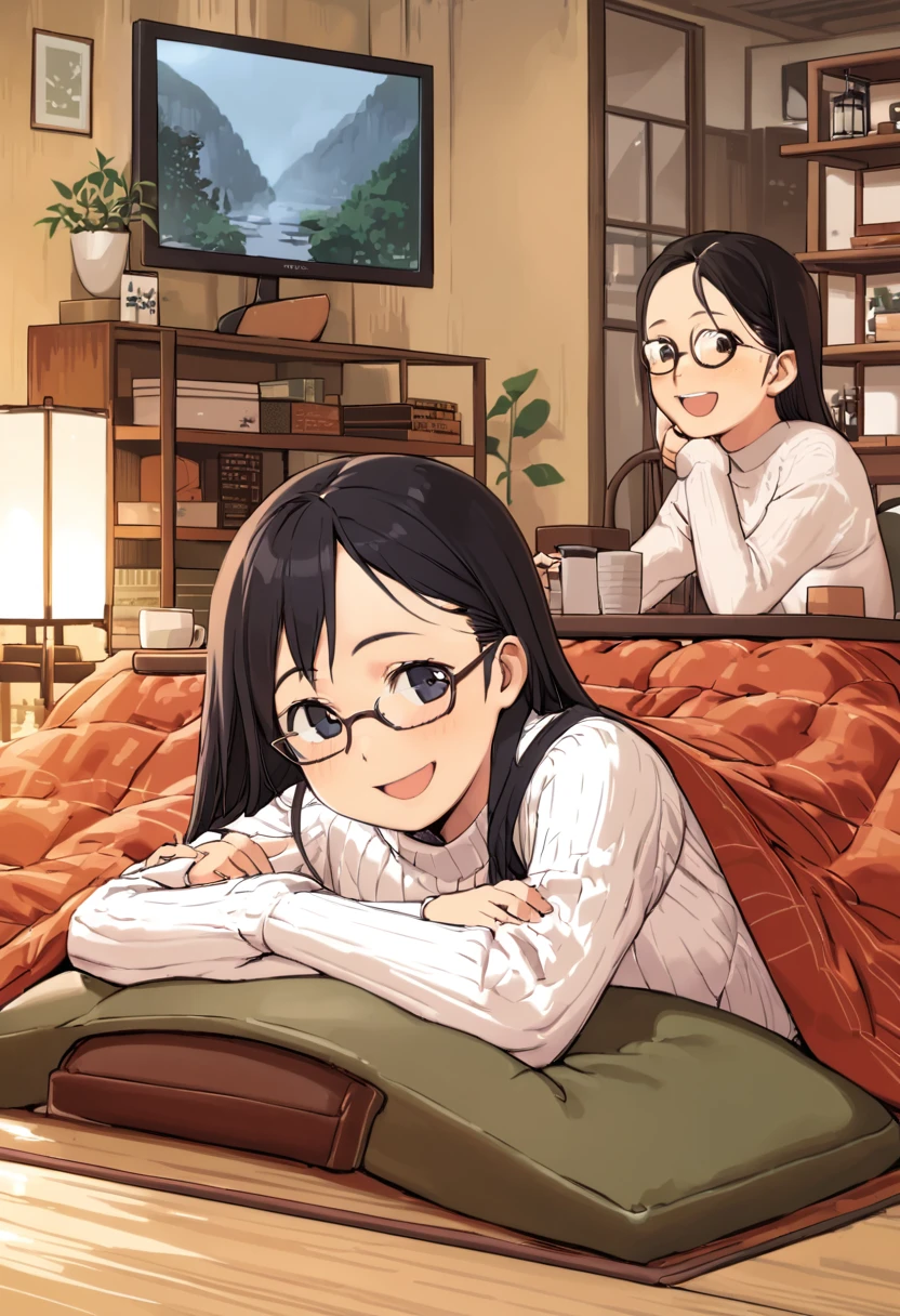 best quality, ultra-detailed, illustration, 
1girl, solo, glasses, black hair, long hair, white ribbed sweater, happy, smile, looking at viewer, open mouth, solo focus, sitting, across table, 
kotatsu, plant, book, scenery, wooden floor, cup, potted plant, indoors, chair, window, curtains, television, orange (fruit), lamp, cup
 <lora:col_xl:0.8> <lora:kotatsu_SDXL_V1:1>