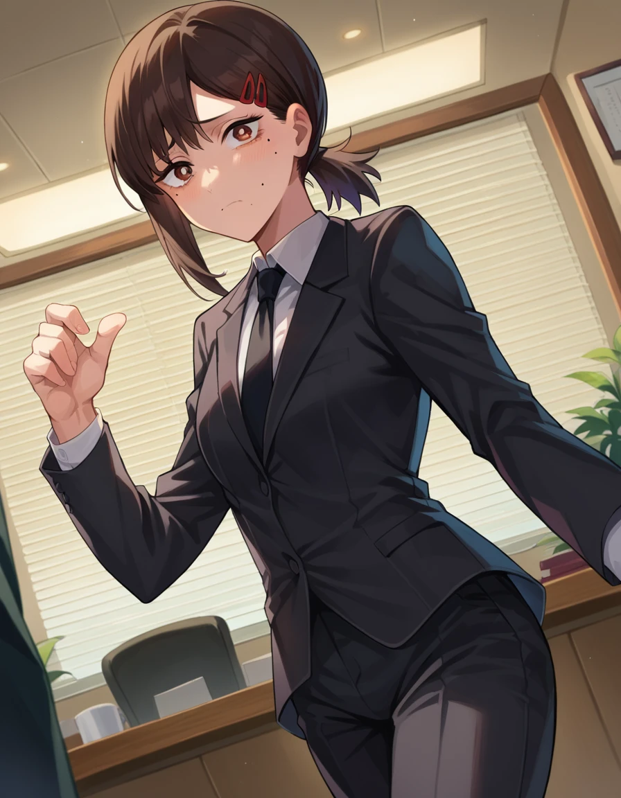 score_9, score_8_up, score_7_up, source_anime,
kobeni-higashiyama, <lora:kobeni-higashiyama-ponyxl-lora-nochekaiser:1>,
kobeni higashiyama, black hair, hair ornament, hairclip, mole, mole under eye, ponytail, short hair, brown eyes,
black necktie, black pants, business suit, formal, long sleeves, necktie, pants, suit,
indoors, office,
looking at viewer, cowboy shot, dutch angle, dynamic pose,