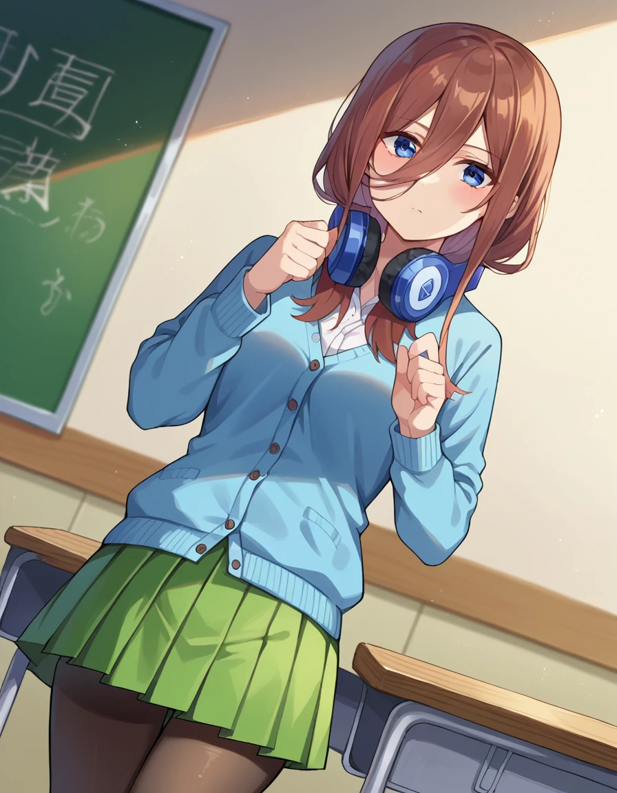 score_9, score_8_up, score_7_up, source_anime,
mikunakano, <lora:miku-nakano-pruned-ponyxl-lora-nochekaiser:1>, 
miku nakano, long hair, bangs, blue eyes, brown hair, shirt, hair between eyes, headphones, cardigan, headphones around neck,
skirt, shirt, long sleeves, white shirt, pantyhose, pleated skirt, black pantyhose, cardigan, green skirt, blue cardigan,
indoors, classroom, 
looking at viewer, cowboy shot, dynamic pose, dutch angle,