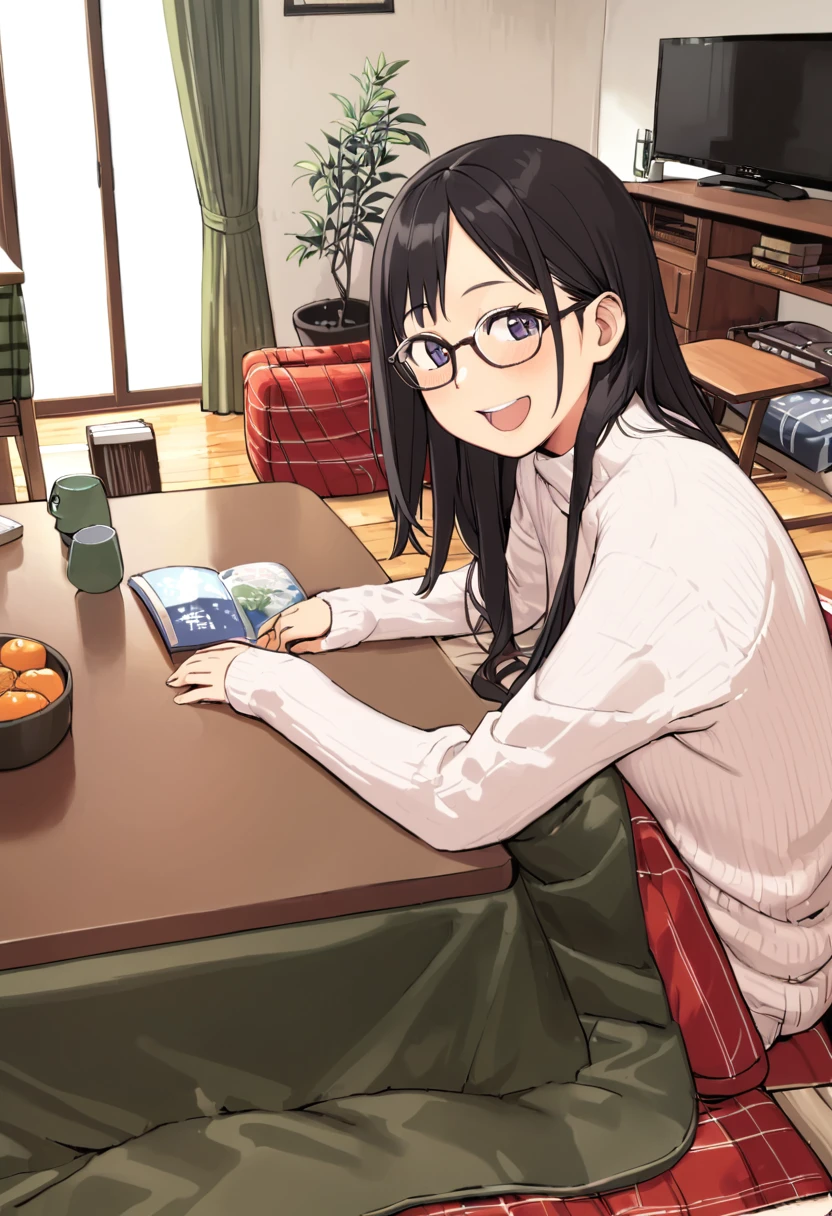 best quality, ultra-detailed, illustration, 
1girl, solo, glasses, black hair, long hair, white ribbed sweater, happy, smile, looking at viewer, open mouth, solo focus, sitting, across table, 
kotatsu, plant, book, scenery, wooden floor, cup, potted plant, indoors, chair, window, curtains, television, orange (fruit), lamp, cup
 <lora:col_xl:0.8> <lora:kotatsu_SDXL_V1:1>