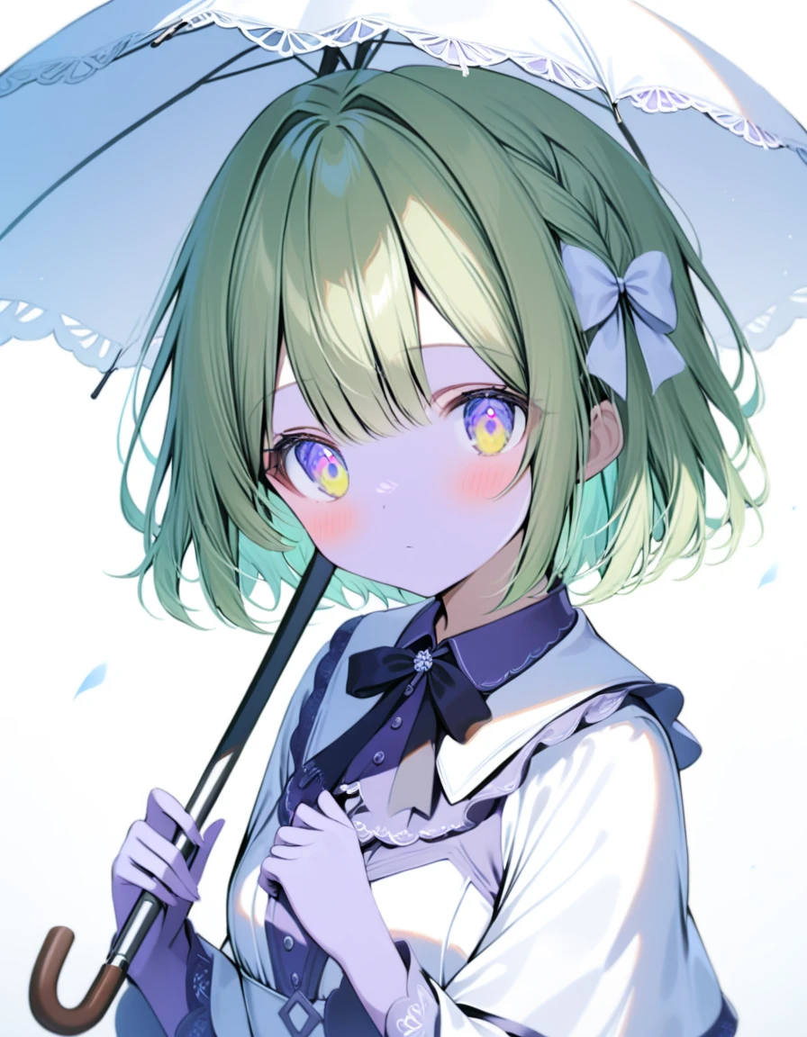 1girl,yona,solo,:|,blush,capelet,closed_mouth,collared_dress,dot_nose,dress,expressionless,frilled_capelet,frilled_umbrella,frills,hair_intakes,holding,holding_umbrella,long_sleeves,looking_at_viewer,own_hands_together,shadow,sidelocks,simple_background,umbrella,upper_body,white_background,white_capelet,white_dress,white_umbrella,multicolored eyes,gradient eyes,green hair,short hair,green eyes,colored skin,purple skin,detailed eyes,detailed face,masterpiece,<lora:Anime_Enhancer_XL:1>,<lora:yona-raw-v1:1>,