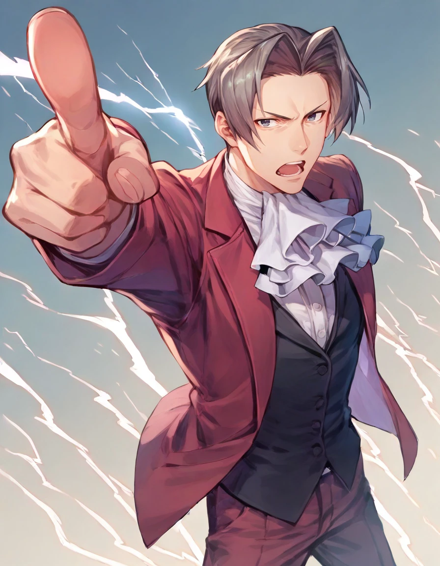 sscore_9, score_8_up, score_7_up, source_anime, miles edgeworth, 1boy, solo, serious, male focus, formal, suit, upper body, open mouth, red jacket, open jacket, white shirt, white ascot, red pants, black vest, standing, pointing at viewer, lightning, (dynamic angle:1.2), dynamic pose, from above, arm up, <lora:miles_edgeworth_pony:1>