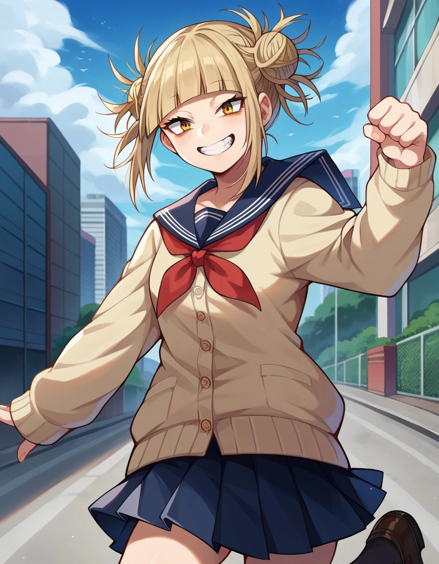 score_9, score_8_up, score_7_up, source_anime,
himikotoga, <lora:himiko-toga-ponyxl-lora-nochekaiser:1>,
himiko toga, bangs, blonde hair, yellow eyes, blunt bangs, hair bun, double bun, messy hair, smile, grin,
skirt, long sleeves, school uniform, pleated skirt, shoes, serafuku, socks, sailor collar, blue skirt, neckerchief, kneehighs, brown footwear, cardigan, black socks, loafers, red neckerchief, yellow cardigan,
outdoors, cityscape,
looking at viewer, cowboy shot, dutch angle, dynamic pose,