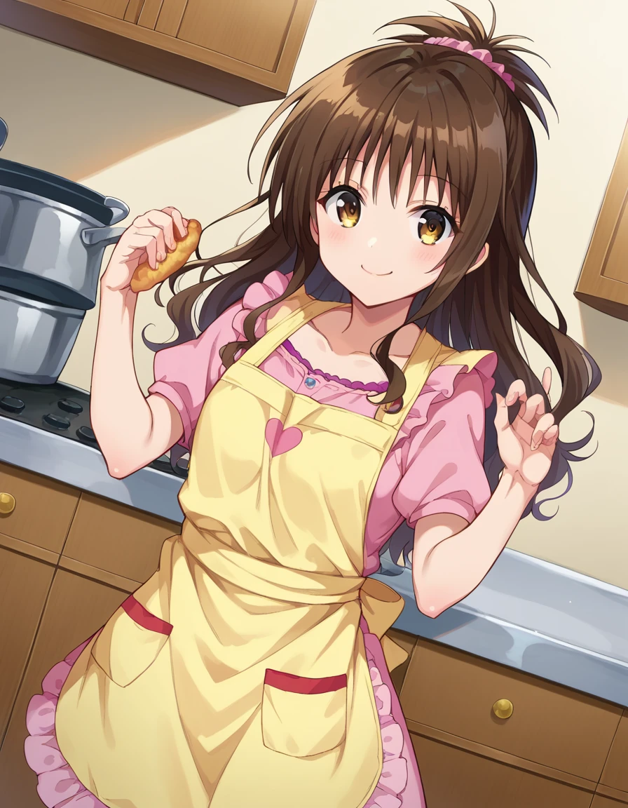 score_9, score_8_up, score_7_up, source_anime,
mikanyuuki, <lora:mikan-yuuki-ponyxl-lora-nochekaiser:1>,
mikan yuuki, brown eyes, brown hair, hair ornament, hair scrunchie, long hair, pink scrunchie, scrunchie, smile,
apron, blouse, collarbone, layered skirt, pink shirt, shirt, short sleeves, skirt, yellow apron,
indoors, kitchen, food,
looking at viewer, cowboy shot, dutch angle, dynamic pose,