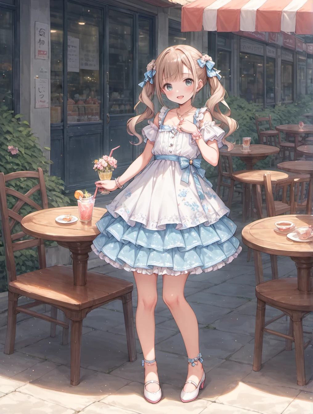 score_9, score_8_up, score_7_up,source_anime,BREAK rating_explicit,uncensored,1girl, light brown hair,gyaru,looking at viewer,portrait,outdoors, full body, standing, girly style, lace dresses, pastel colors, floral prints, high-waisted skirts, ballet flats, delicate accessories ,in cafe, edinburgh street,sitting on chair,table,road,al fresco,sunlight, blue sky,