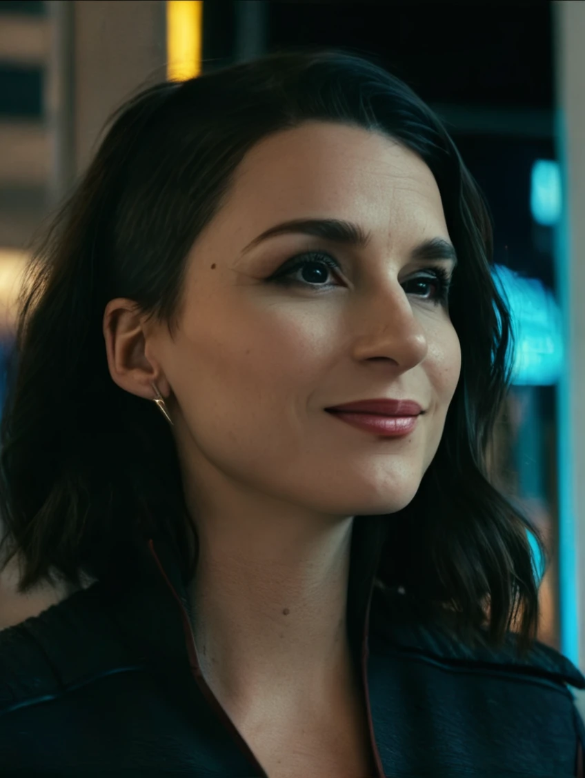 a beautiful picture of st0rmfr0nt, <lora:st0rmfr0nt:1> detailed skin texture,masterpiece, photorealistic, woman, 4k, neon lights, light, RAW color photo,(fully in frame:1.1), (blush:0.5), (goosebumps:0.5),brunette, detailed face,subtle smile,city streets