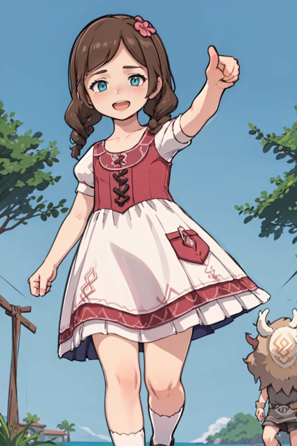 masterpiece, best quality, 1girl, 1boy, (size difference:1.5),outdoors, forest, trees, bushes, flowers, from below, blue sky, BREAK
1girl, <lora:Genshin_NPC_EllaMusk_v1:0.85:lbw=MIDD>, (running, pointing away:1.7), teal eyes, corset, brown hair, twin braids, (hair flower, hair ornament:1.1), collarbone, low collar, pink and white dress, apron, flower pattern, short sleeves, white sleeves, puffy sleeves, white socks, bobby socks, brown footwear, mary janes, freckles on cheeks and nose, smiling, laughing, open mouth, (tareme:1.5), BREAK
1boy, <lora:hilichurl2:1.8>, (hilichurl:1.5), (tall man:1.5),