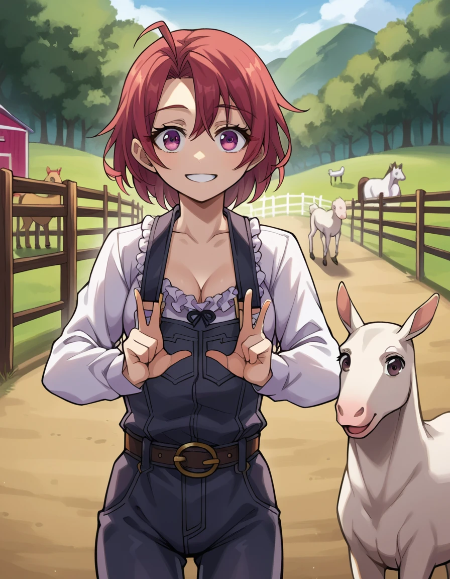 score_9, score_8_up, score_7_up, source_anime,
cowgirl, <lora:cow-girl-ponyxl-lora-nochekaiser:1>,
cow girl, ahoge, red hair, purple eyes, short hair, smile,
cleavage, collarbone, frills, long sleeves, overalls, suspenders,
outdoors, farm, cows, chickens, goats, horse, v,
looking at viewer, cowboy shot, dynamic pose,
