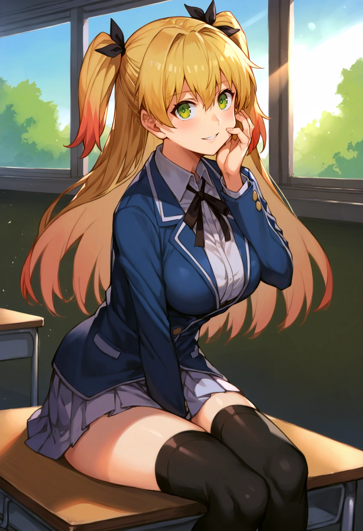 emilyho, 1girl, solo, bow hairband, school uniform, blazer, red bowtie, white pantyhose, plaid skirt, sitting, table, boardgame, smile, closed mouth, legs <lora:emilyho_V2-09:0.7>