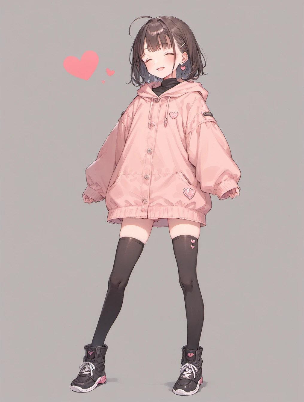 score_9, score_8_up, score_7_up,source_anime,BREAK rating_explicit,uncensored,1girl, black legwear, black footwear, boots, brown hair, closed eyes, earrings, full body, grey background, heart, heart background, jewelry, kneehighs, long sleeves, medium hair, parted lips, shoes, simple background, smile, sneakers, socks, standing, thigh boots, thighhighs