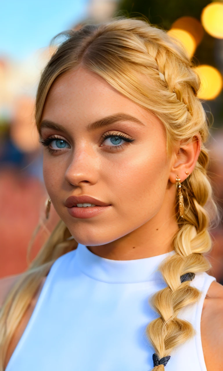 sydswe2024, 1girl, blonde hair, photorealistic, best quality, masterpiece, raw image, depth of field, braid