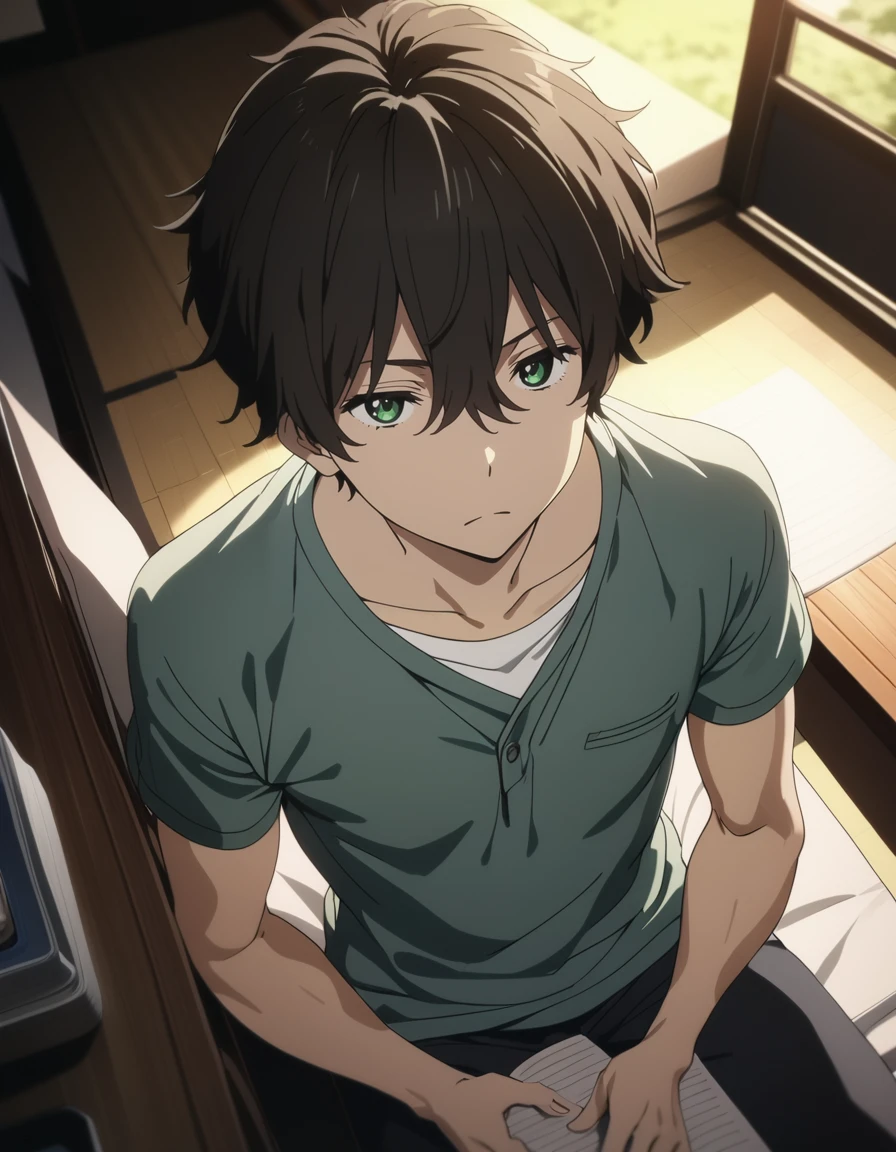 1boy,
<lora:orekihoutarouXL1:0.8>,orekihoutarou,
green eyes,black hair,brown hair,
expressionless,
casual wear,
sitting,
Japanese hotel,hukasikasi,
from above,
masterpiece, best quality, ultra detailed, highres,4k,(ultra-detailed:1.4) (illustration:0.5), (ray tracing,:0.8),(anime colored:0.7),(ai-generated:0.5), (anime screencap:1.2),