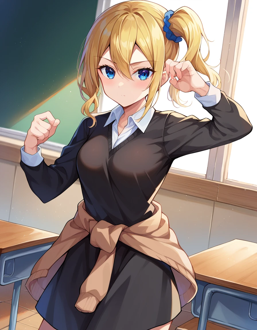score_9, score_8_up, score_7_up, source_anime,
aihayasaka, <lora:ai-hayasaka-ponyxl-lora-nochekaiser:1>,
ai hayasaka, bangs, blue eyes, blonde hair, hair ornament, hair between eyes, sidelocks, side ponytail, scrunchie, hair scrunchie, blue scrunchie,
shirt, long sleeves, school uniform, shoes, socks, sweater, cardigan, black socks, clothes around waist, shuuchiin academy school uniform, sweater around waist, cardigan around waist,
indoors, classroom,
looking at viewer, cowboy shot, dutch angle, dynamic pose,