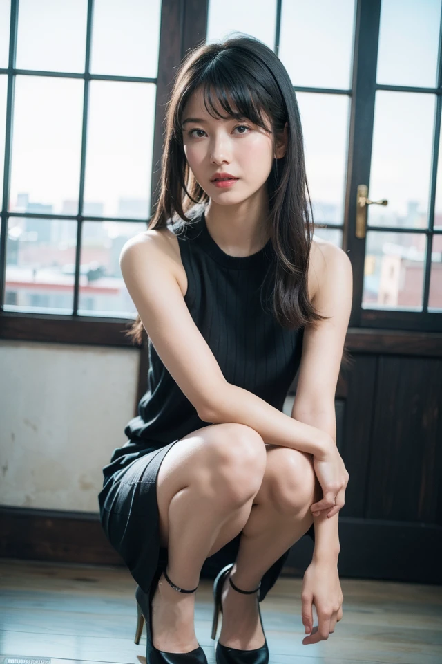 1girl,solo,looking at viewer,skirt,high heels,black hair,sitting,sleeveless,black footwear,looking at viewer,long hair,shirt,blue shirt,indoors,brown skirt,full body,bangs,sleeveless shirt,window,
best quality,masterpiece,illustration,an extremely delicate and beautiful,CG,unity,8k wallpaper,Amazing,finely detail,masterpiece,official art,extremely detailed CG unity 8k wallpaper,incredibly absurdres,huge filesize,ultra-detailed,highres,extremely detailed,beautiful detailed girl,realistic,light contrast,<lora:Yokoyama Yui:0.8>,