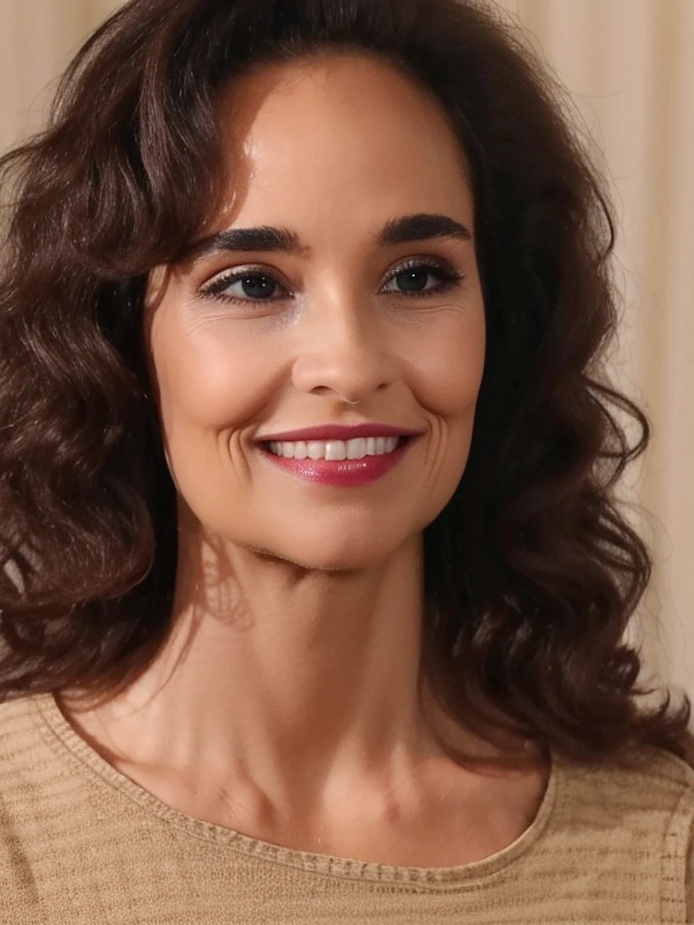 dianefrank, photograph, close up, masterpiece, long eyelashes, soft focus, culy hair, smile