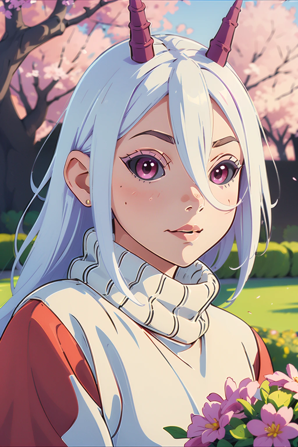 (masterpiece, best quality:1.2), highres, best illustration, 8k wallpaper, (Traditional Media), (2d:1.2), wide shot, (dynamic angle:1.1), outline, ((thick lineart)), cover, stylish, official art, (details:1.2), (fantasy), garden, (bloom:1.1), glow:0.2, shadow, nature, cherry blossoms, particles, (depth of field), sharp focus, (volumetric lighting), (bokeh:0.6), film grain:0.4, day, (soft lighting:1.1), rrrun, long hair, white hair, hair between eyes, red eyes, black sclera, 2horns, red horns, sweater, white sweater, turtleneck sweater, looking at viewer, jeans, <lora:Himesama_Goumon_Rurun_00_01:1>