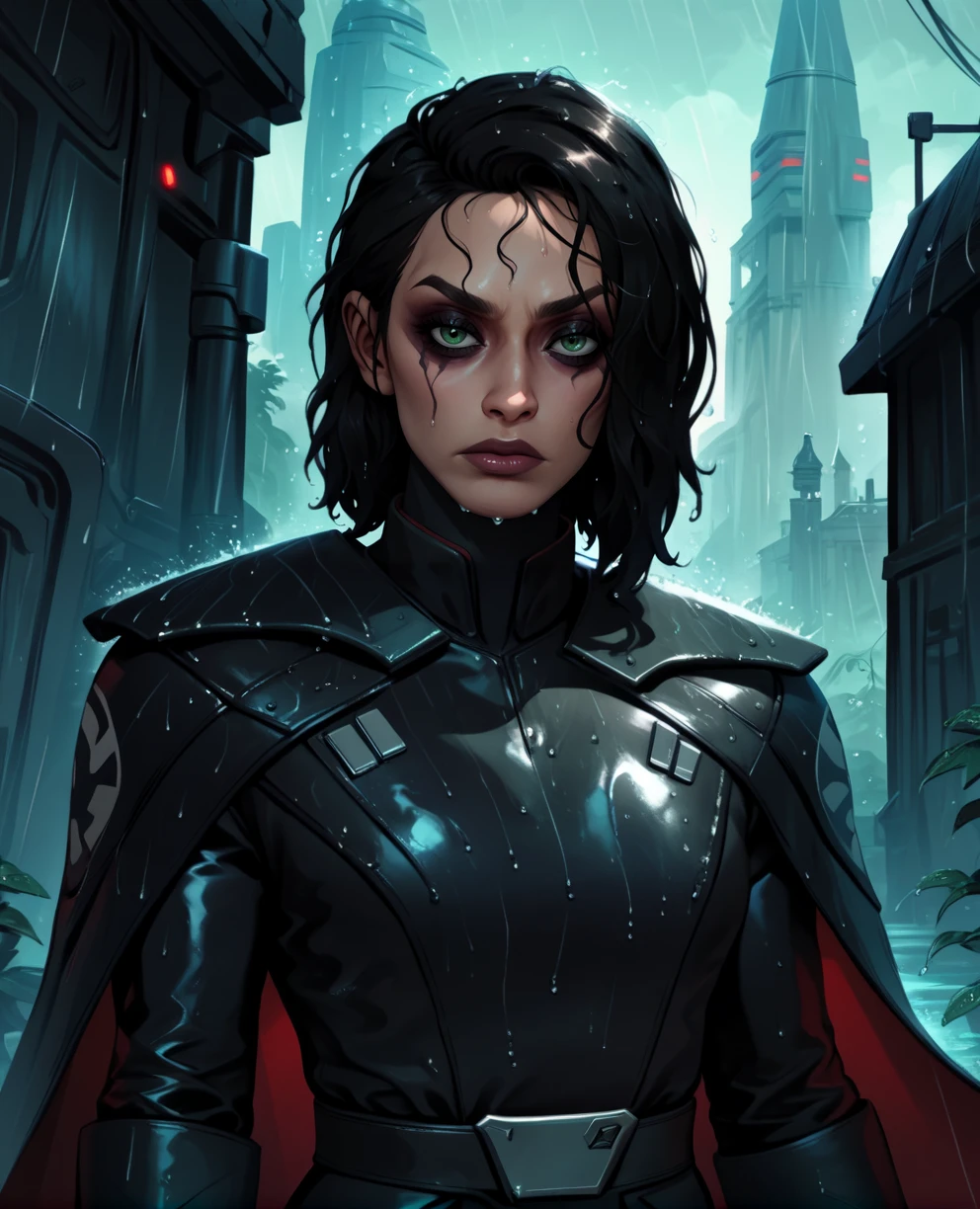score_9,score_8_up,score_7_up,score_6_up,
Trilla,green eyes,black hair,
upper body, wet,
armor,gloves,black bodysuit,black cape,belt,rain,
science fiction,sith base, star wars, outdoors, rain,
<lora:Trilla:0.8>,solo,