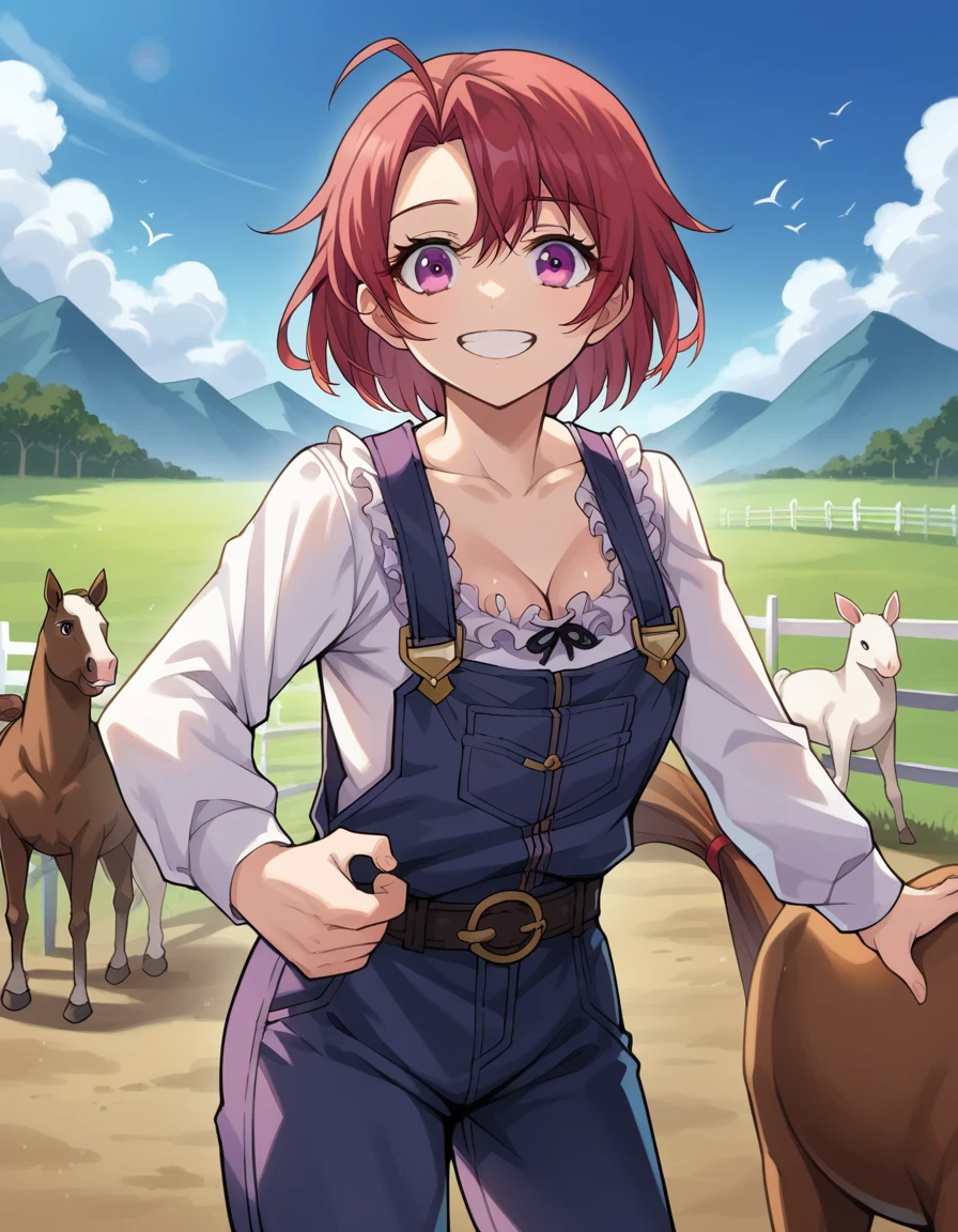 score_9, score_8_up, score_7_up, source_anime,
cowgirl, <lora:cow-girl-ponyxl-lora-nochekaiser:1>,
cow girl, ahoge, red hair, purple eyes, short hair, smile,
cleavage, collarbone, frills, long sleeves, overalls, suspenders,
outdoors, farm, cows, chickens, goats, horse,
looking at viewer, cowboy shot, dynamic pose,